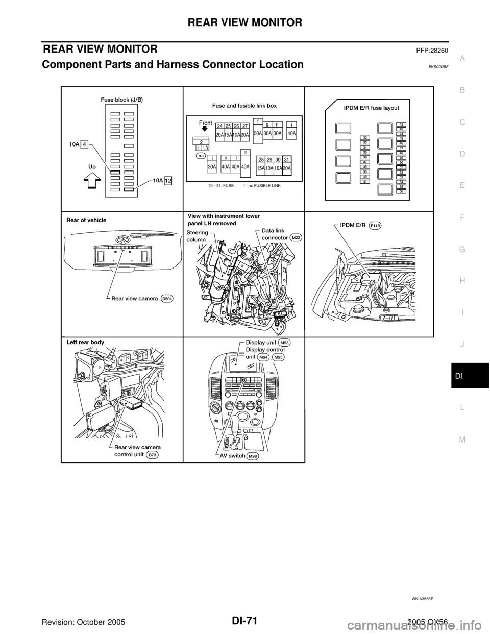 INFINITI QX4 2005  Factory Service Manual REAR VIEW MONITOR
DI-71
C
D
E
F
G
H
I
J
L
MA
B
DI
Revision: October 20052005 QX56
REAR VIEW MONITORPFP:28260
Component Parts and Harness Connector LocationEKS00D8F
WKIA3565E 