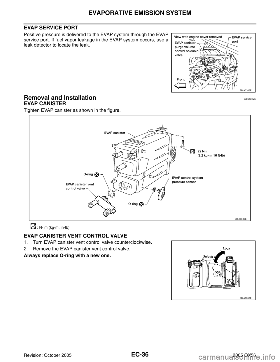 INFINITI QX4 2005  Factory Service Manual EC-36Revision: October 2005
EVAPORATIVE EMISSION SYSTEM
2005 QX56
EVAP SERVICE PORT
Positive pressure is delivered to the EVAP system through the EVAP
service port. If fuel vapor leakage in the EVAP s