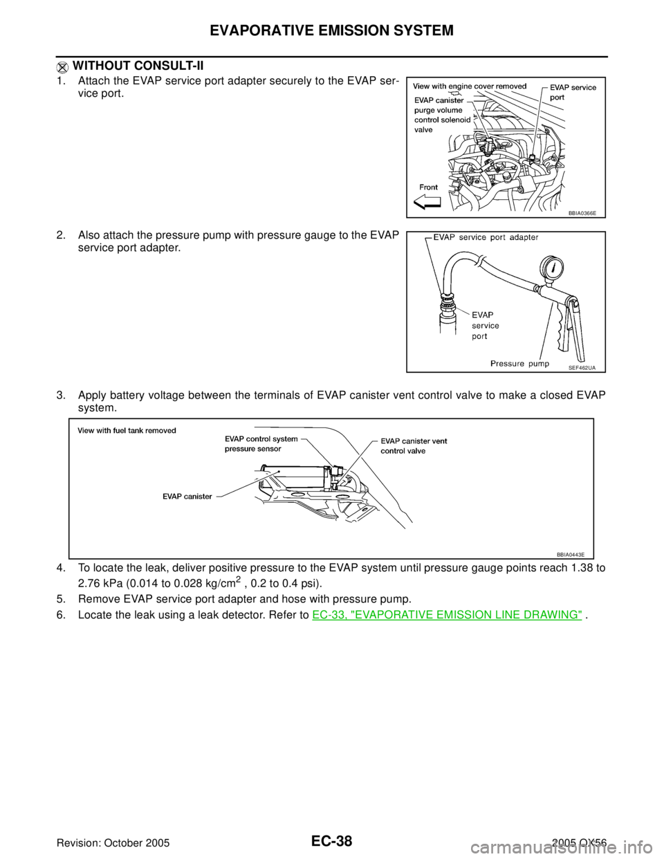 INFINITI QX4 2005  Factory Service Manual EC-38Revision: October 2005
EVAPORATIVE EMISSION SYSTEM
2005 QX56
 WITHOUT CONSULT-II
1. Attach the EVAP service port adapter securely to the EVAP ser-
vice port.
2. Also attach the pressure pump with
