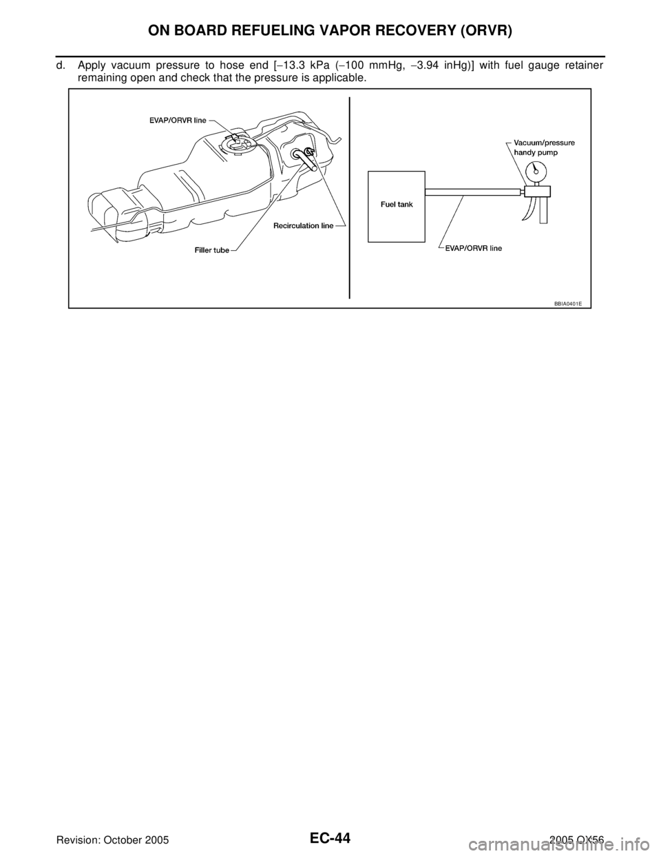 INFINITI QX4 2005  Factory Service Manual EC-44Revision: October 2005
ON BOARD REFUELING VAPOR RECOVERY (ORVR)
2005 QX56
d. Apply vacuum pressure to hose end [−13.3 kPa (−100 mmHg, −3.94 inHg)] with fuel gauge retainer
remaining open an