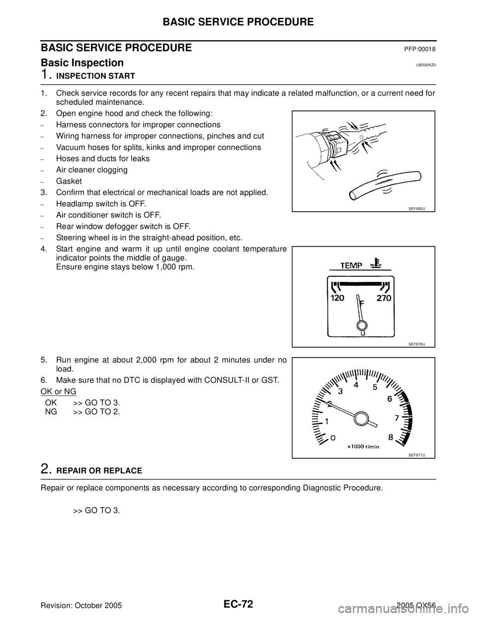 INFINITI QX4 2005 Factory Service Manual EC-72Revision: October 2005
BASIC SERVICE PROCEDURE
2005 QX56
BASIC SERVICE PROCEDUREPFP:00018
Basic InspectionUBS00KZU
1. INSPECTION START
1. Check service records for any recent repairs that may ind INFINITI QX4 2005 Factory Service Manual EC-72Revision: October 2005
BASIC SERVICE PROCEDURE
2005 QX56
BASIC SERVICE PROCEDUREPFP:00018
Basic InspectionUBS00KZU
1. INSPECTION START
1. Check service records for any recent repairs that may ind