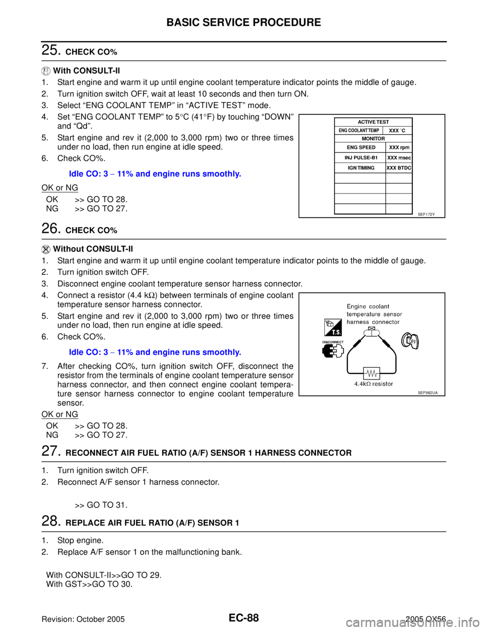 INFINITI QX4 2005  Factory Service Manual EC-88Revision: October 2005
BASIC SERVICE PROCEDURE
2005 QX56
25. CHECK CO%
 With CONSULT-II
1. Start engine and warm it up until engine coolant temperature indicator points the middle of gauge.
2. Tu