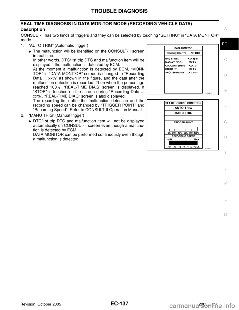 INFINITI QX4 2005 Factory Service Manual TROUBLE DIAGNOSIS
EC-137
C
D
E
F
G
H
I
J
K
L
MA
EC
Revision: October 20052005 QX56
REAL TIME DIAGNOSIS IN DATA MONITOR MODE (RECORDING VEHICLE DATA)
Description
CONSULT-II has two kinds of triggers an INFINITI QX4 2005 Factory Service Manual TROUBLE DIAGNOSIS
EC-137
C
D
E
F
G
H
I
J
K
L
MA
EC
Revision: October 20052005 QX56
REAL TIME DIAGNOSIS IN DATA MONITOR MODE (RECORDING VEHICLE DATA)
Description
CONSULT-II has two kinds of triggers an