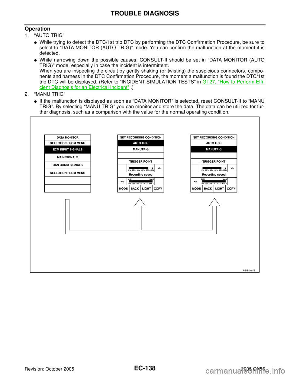 INFINITI QX4 2005 Factory Service Manual EC-138Revision: October 2005
TROUBLE DIAGNOSIS
2005 QX56
Operation
1. “AUTO TRIG”
While trying to detect the DTC/1st trip DTC by performing the DTC Confirmation Procedure, be sure to
select to INFINITI QX4 2005 Factory Service Manual EC-138Revision: October 2005
TROUBLE DIAGNOSIS
2005 QX56
Operation
1. “AUTO TRIG”
While trying to detect the DTC/1st trip DTC by performing the DTC Confirmation Procedure, be sure to
select to