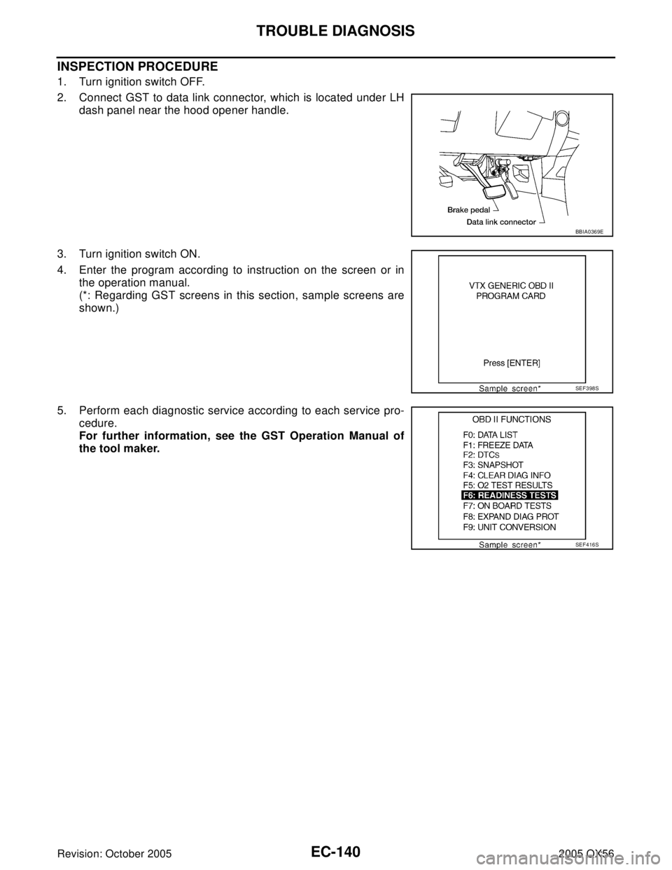 INFINITI QX4 2005  Factory Service Manual EC-140Revision: October 2005
TROUBLE DIAGNOSIS
2005 QX56
INSPECTION PROCEDURE
1. Turn ignition switch OFF.
2. Connect GST to data link connector, which is located under LH
dash panel near the hood ope