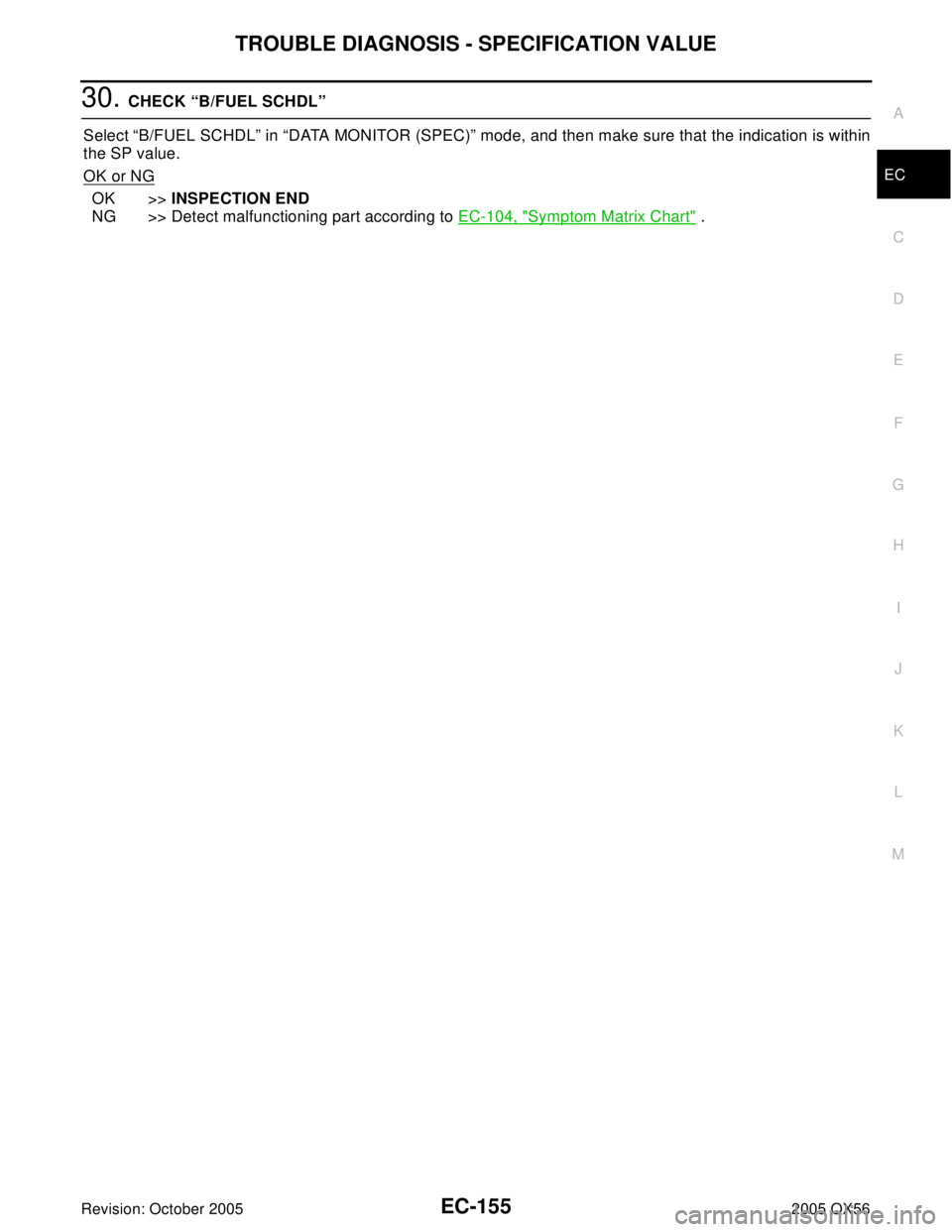 INFINITI QX4 2005  Factory Service Manual TROUBLE DIAGNOSIS - SPECIFICATION VALUE
EC-155
C
D
E
F
G
H
I
J
K
L
MA
EC
Revision: October 20052005 QX56
30. CHECK “B/FUEL SCHDL”
Select “B/FUEL SCHDL” in “DATA MONITOR (SPEC)” mode, and t