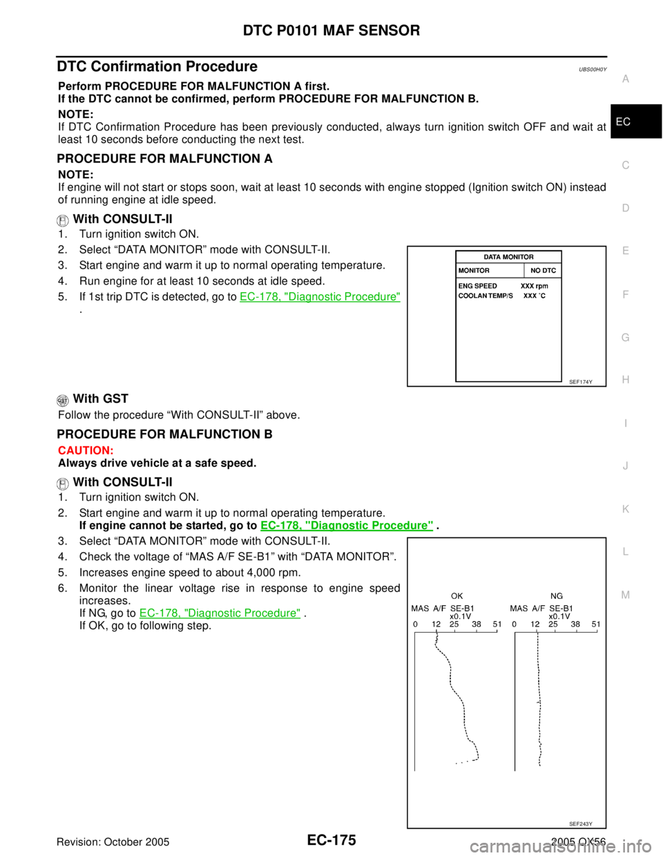 INFINITI QX4 2005  Factory Service Manual DTC P0101 MAF SENSOR
EC-175
C
D
E
F
G
H
I
J
K
L
MA
EC
Revision: October 20052005 QX56
DTC Confirmation ProcedureUBS00H0Y
Perform PROCEDURE FOR MALFUNCTION A first.
If the DTC cannot be confirmed, perf