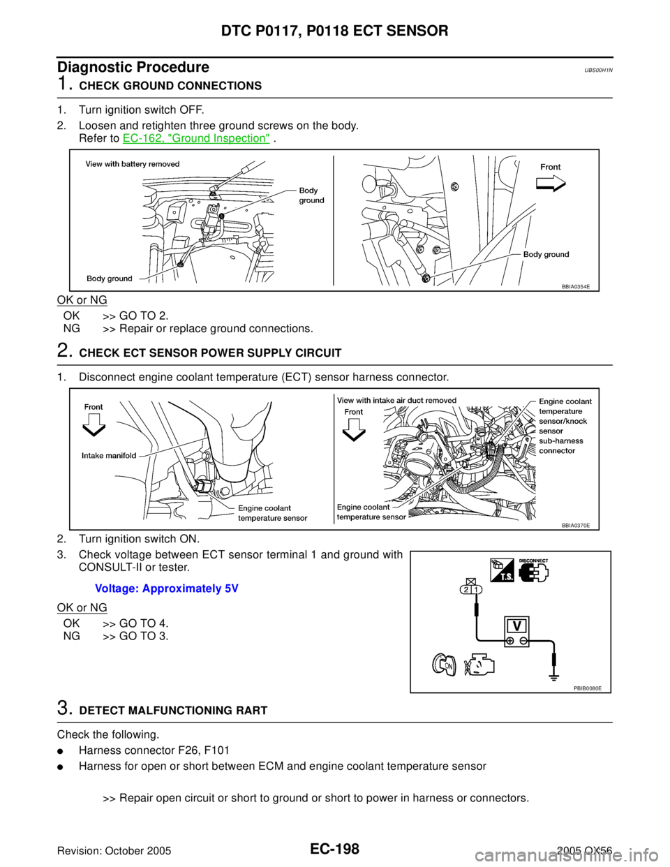 INFINITI QX4 2005  Factory Service Manual EC-198Revision: October 2005
DTC P0117, P0118 ECT SENSOR
2005 QX56
Diagnostic ProcedureUBS00H1N
1. CHECK GROUND CONNECTIONS
1. Turn ignition switch OFF.
2. Loosen and retighten three ground screws on 