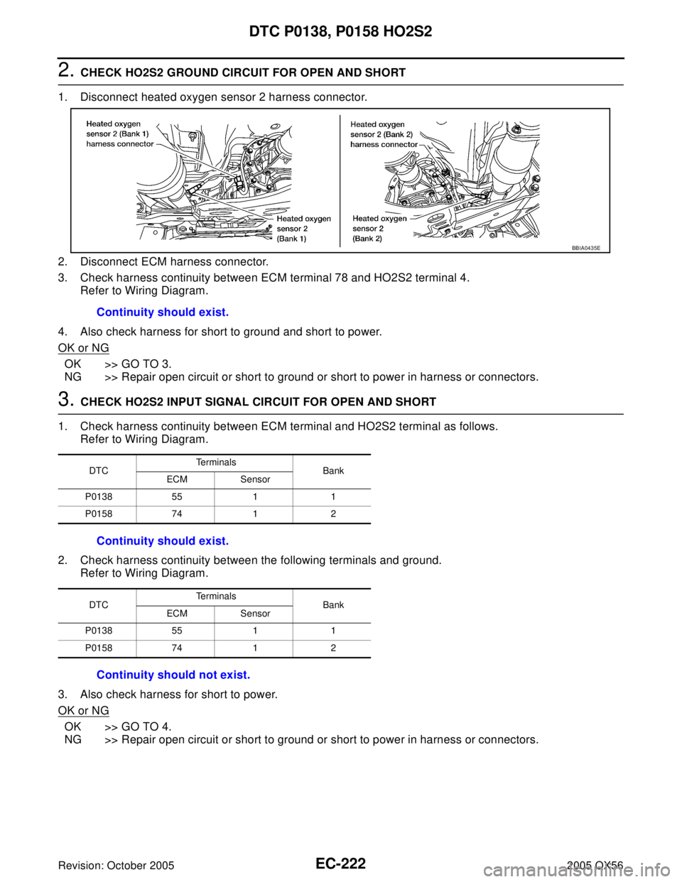 INFINITI QX4 2005 Factory Service Manual EC-222Revision: October 2005
DTC P0138, P0158 HO2S2
2005 QX56
2. CHECK HO2S2 GROUND CIRCUIT FOR OPEN AND SHORT
1. Disconnect heated oxygen sensor 2 harness connector.
2. Disconnect ECM harness connect INFINITI QX4 2005 Factory Service Manual EC-222Revision: October 2005
DTC P0138, P0158 HO2S2
2005 QX56
2. CHECK HO2S2 GROUND CIRCUIT FOR OPEN AND SHORT
1. Disconnect heated oxygen sensor 2 harness connector.
2. Disconnect ECM harness connect