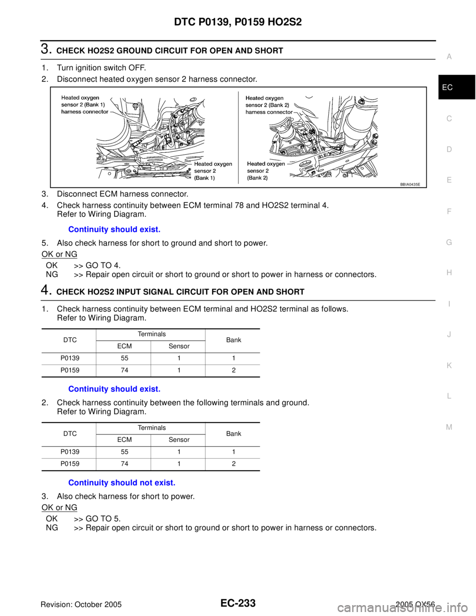 INFINITI QX4 2005 Factory Service Manual DTC P0139, P0159 HO2S2
EC-233
C
D
E
F
G
H
I
J
K
L
MA
EC
Revision: October 20052005 QX56
3. CHECK HO2S2 GROUND CIRCUIT FOR OPEN AND SHORT
1. Turn ignition switch OFF.
2. Disconnect heated oxygen sensor INFINITI QX4 2005 Factory Service Manual DTC P0139, P0159 HO2S2
EC-233
C
D
E
F
G
H
I
J
K
L
MA
EC
Revision: October 20052005 QX56
3. CHECK HO2S2 GROUND CIRCUIT FOR OPEN AND SHORT
1. Turn ignition switch OFF.
2. Disconnect heated oxygen sensor