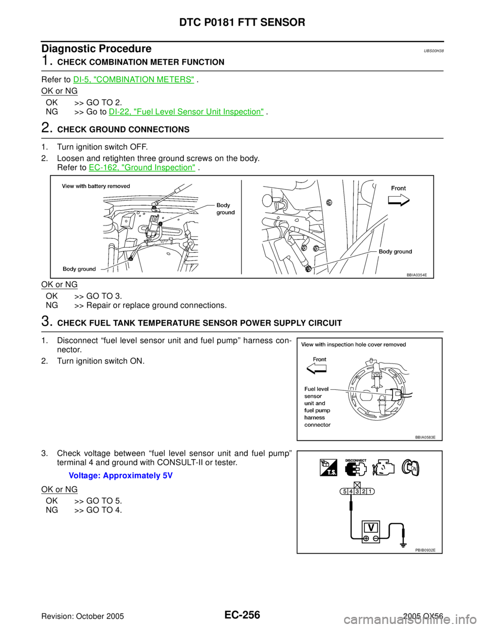 INFINITI QX4 2005  Factory Service Manual EC-256Revision: October 2005
DTC P0181 FTT SENSOR
2005 QX56
Diagnostic ProcedureUBS00H38
1. CHECK COMBINATION METER FUNCTION
Refer to DI-5, "
COMBINATION METERS" .
OK or NG
OK >> GO TO 2.
NG >> Go to 