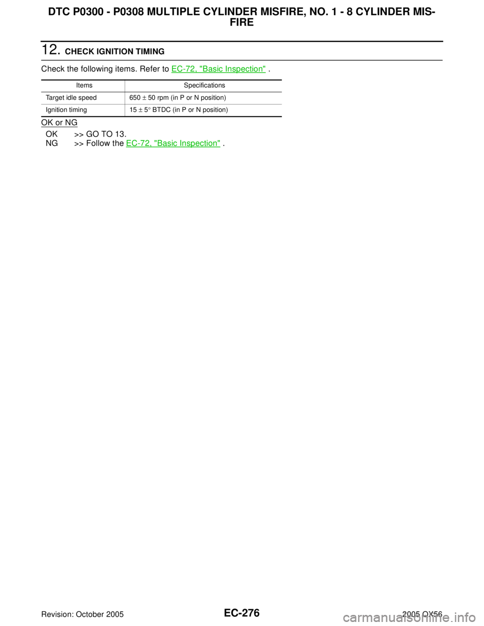 INFINITI QX4 2005  Factory Service Manual EC-276Revision: October 2005
DTC P0300 - P0308 MULTIPLE CYLINDER MISFIRE, NO. 1 - 8 CYLINDER MIS-
FIRE
2005 QX56
12. CHECK IGNITION TIMING
Check the following items. Refer to EC-72, "
Basic Inspection
