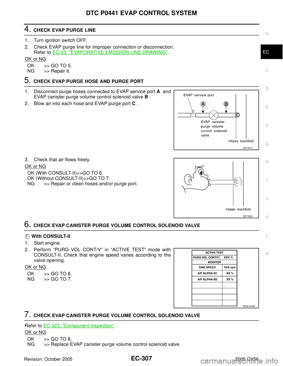 INFINITI QX4 2005 Factory Service Manual DTC P0441 EVAP CONTROL SYSTEM
EC-307
C
D
E
F
G
H
I
J
K
L
MA
EC
Revision: October 20052005 QX56
4. CHECK EVAP PURGE LINE
1. Turn ignition switch OFF.
2. Check EVAP purge line for improper connection or INFINITI QX4 2005 Factory Service Manual DTC P0441 EVAP CONTROL SYSTEM
EC-307
C
D
E
F
G
H
I
J
K
L
MA
EC
Revision: October 20052005 QX56
4. CHECK EVAP PURGE LINE
1. Turn ignition switch OFF.
2. Check EVAP purge line for improper connection or