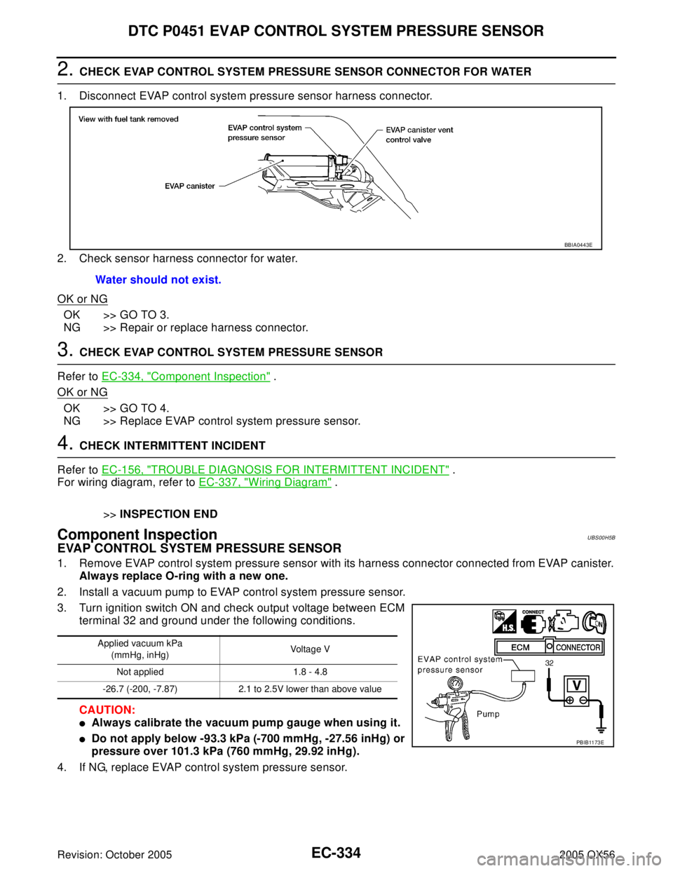 INFINITI QX4 2005 Factory Service Manual EC-334Revision: October 2005
DTC P0451 EVAP CONTROL SYSTEM PRESSURE SENSOR
2005 QX56
2. CHECK EVAP CONTROL SYSTEM PRESSURE SENSOR CONNECTOR FOR WATER
1. Disconnect EVAP control system pressure sensor INFINITI QX4 2005 Factory Service Manual EC-334Revision: October 2005
DTC P0451 EVAP CONTROL SYSTEM PRESSURE SENSOR
2005 QX56
2. CHECK EVAP CONTROL SYSTEM PRESSURE SENSOR CONNECTOR FOR WATER
1. Disconnect EVAP control system pressure sensor