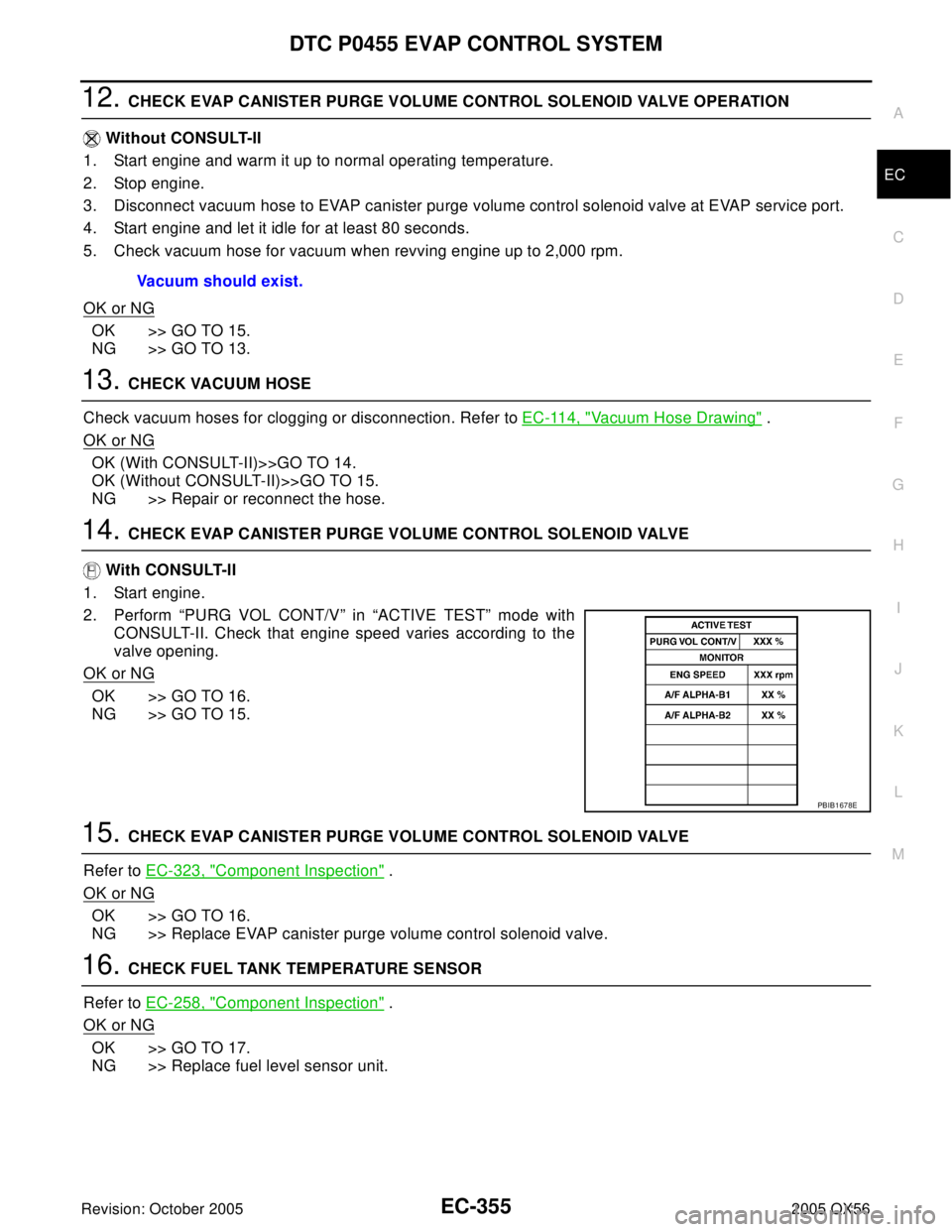 INFINITI QX4 2005  Factory Service Manual DTC P0455 EVAP CONTROL SYSTEM
EC-355
C
D
E
F
G
H
I
J
K
L
MA
EC
Revision: October 20052005 QX56
12. CHECK EVAP CANISTER PURGE VOLUME CONTROL SOLENOID VALVE OPERATION
 Without CONSULT-II
1. Start engine