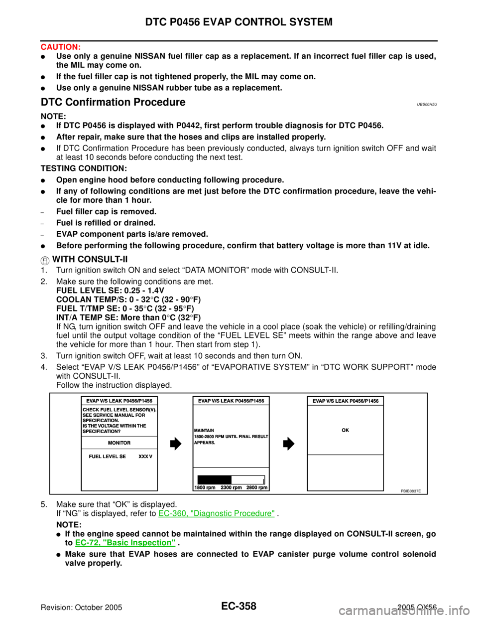 INFINITI QX4 2005  Factory Service Manual EC-358Revision: October 2005
DTC P0456 EVAP CONTROL SYSTEM
2005 QX56
CAUTION:
Use only a genuine NISSAN fuel filler cap as a replacement. If an incorrect fuel filler cap is used,
the MIL may come on.