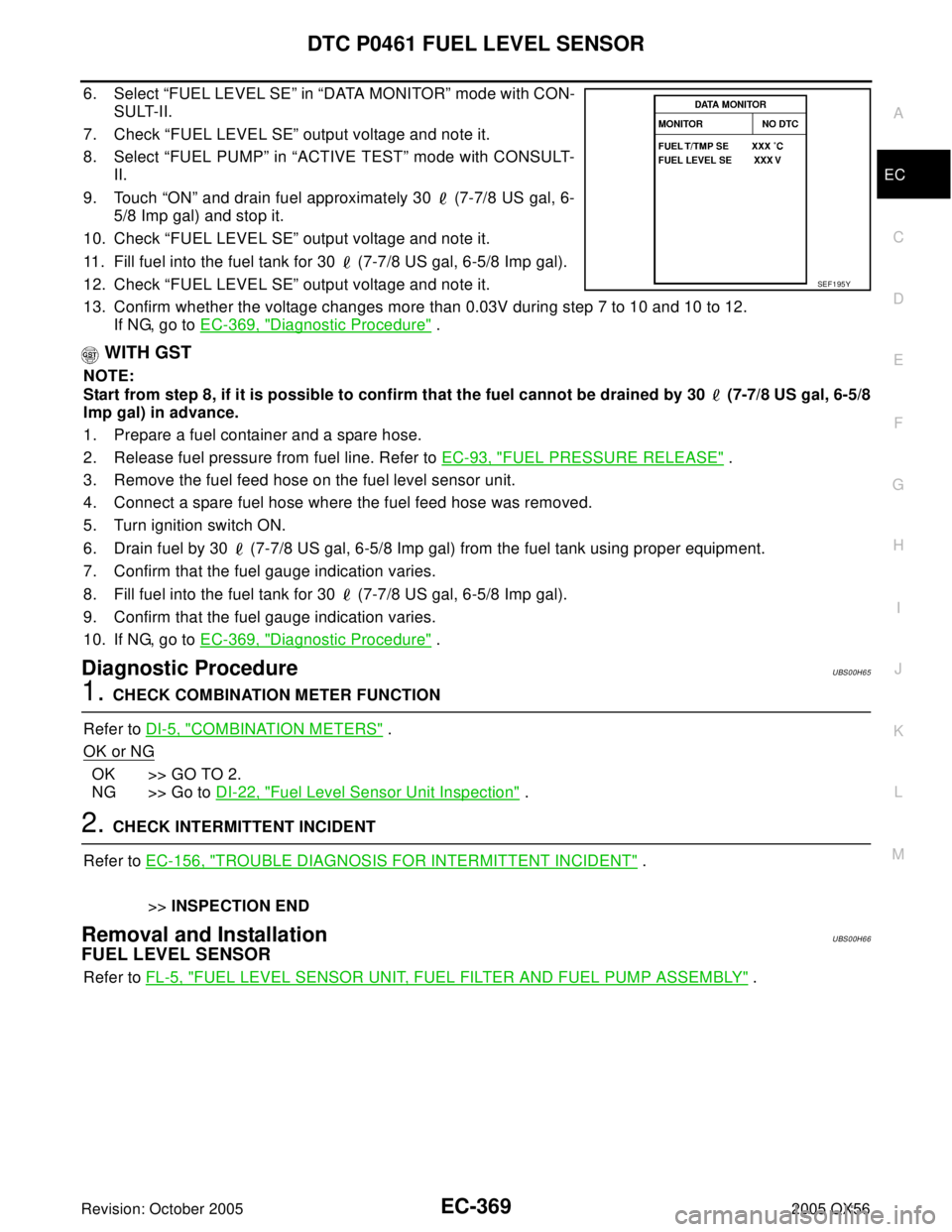 INFINITI QX4 2005  Factory Service Manual DTC P0461 FUEL LEVEL SENSOR
EC-369
C
D
E
F
G
H
I
J
K
L
MA
EC
Revision: October 20052005 QX56
6. Select “FUEL LEVEL SE” in “DATA MONITOR” mode with CON-
SULT-II.
7. Check “FUEL LEVEL SE” ou
