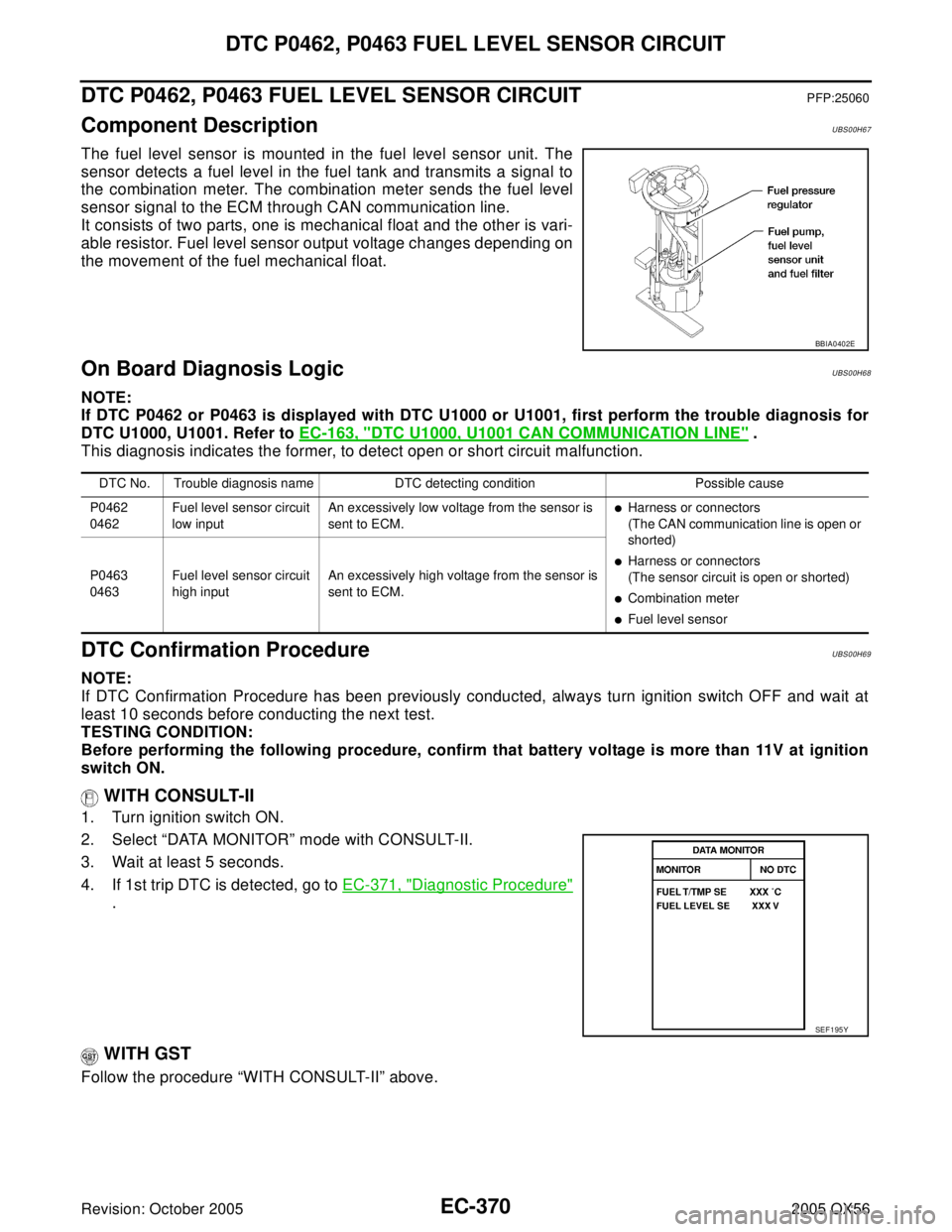 INFINITI QX4 2005 Factory Service Manual EC-370Revision: October 2005
DTC P0462, P0463 FUEL LEVEL SENSOR CIRCUIT
2005 QX56
DTC P0462, P0463 FUEL LEVEL SENSOR CIRCUITPFP:25060
Component DescriptionUBS00H67
The fuel level sensor is mounted in INFINITI QX4 2005 Factory Service Manual EC-370Revision: October 2005
DTC P0462, P0463 FUEL LEVEL SENSOR CIRCUIT
2005 QX56
DTC P0462, P0463 FUEL LEVEL SENSOR CIRCUITPFP:25060
Component DescriptionUBS00H67
The fuel level sensor is mounted in
