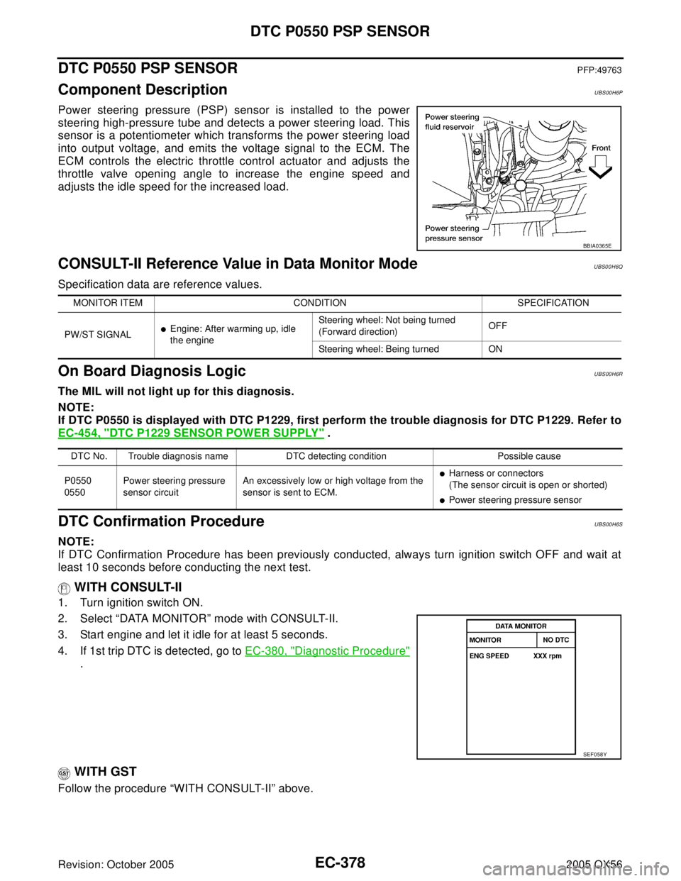 INFINITI QX4 2005 Factory Service Manual EC-378Revision: October 2005
DTC P0550 PSP SENSOR
2005 QX56
DTC P0550 PSP SENSORPFP:49763
Component DescriptionUBS00H6P
Power steering pressure (PSP) sensor is installed to the power
steering high-pre INFINITI QX4 2005 Factory Service Manual EC-378Revision: October 2005
DTC P0550 PSP SENSOR
2005 QX56
DTC P0550 PSP SENSORPFP:49763
Component DescriptionUBS00H6P
Power steering pressure (PSP) sensor is installed to the power
steering high-pre
