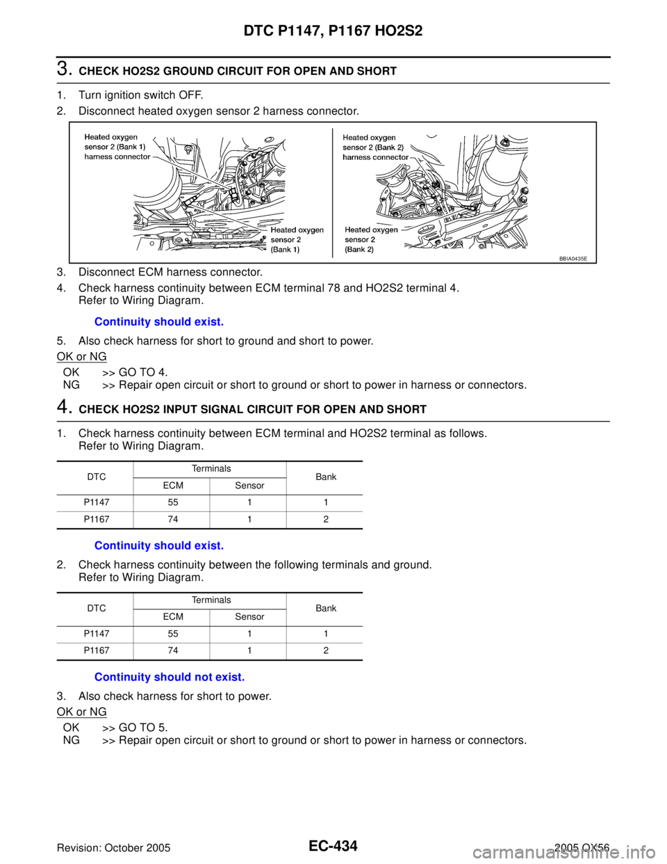 INFINITI QX4 2005  Factory Service Manual EC-434Revision: October 2005
DTC P1147, P1167 HO2S2
2005 QX56
3. CHECK HO2S2 GROUND CIRCUIT FOR OPEN AND SHORT
1. Turn ignition switch OFF.
2. Disconnect heated oxygen sensor 2 harness connector.
3. D