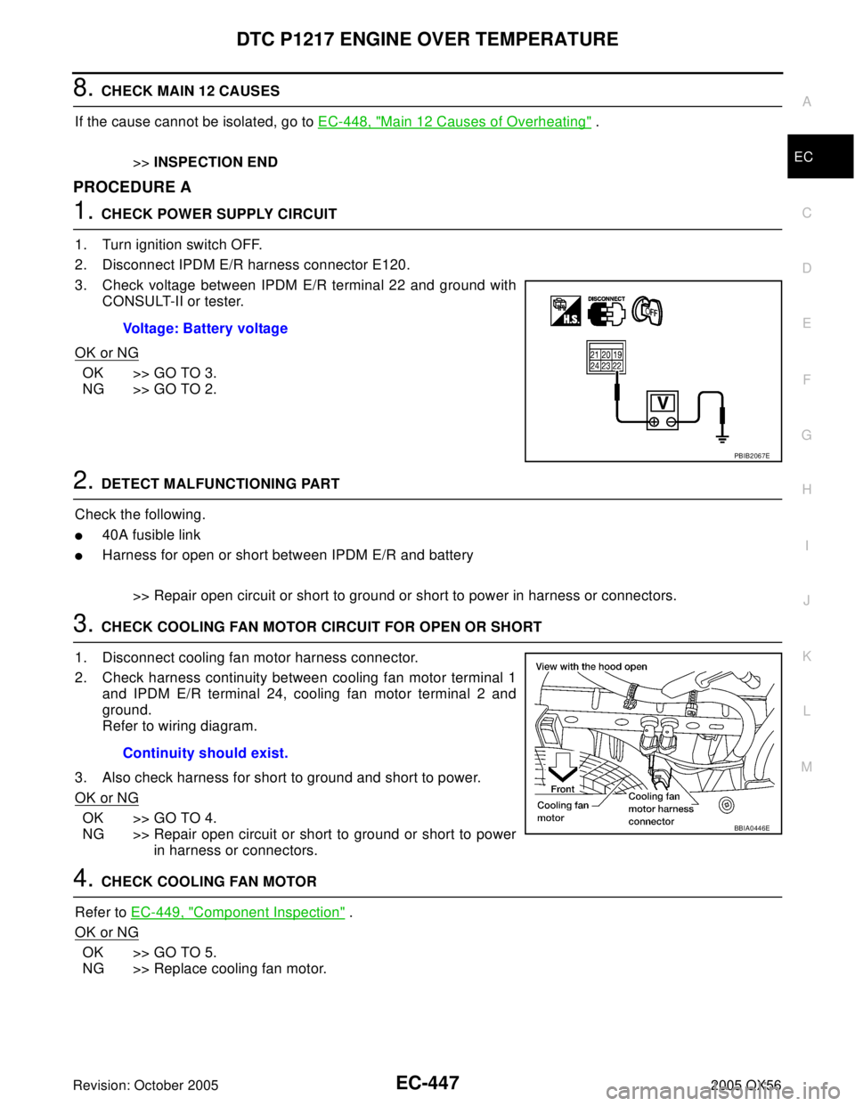 INFINITI QX4 2005 Factory Service Manual DTC P1217 ENGINE OVER TEMPERATURE
EC-447
C
D
E
F
G
H
I
J
K
L
MA
EC
Revision: October 20052005 QX56
8. CHECK MAIN 12 CAUSES
If the cause cannot be isolated, go to EC-448, "
Main 12 Causes of Overheatin INFINITI QX4 2005 Factory Service Manual DTC P1217 ENGINE OVER TEMPERATURE
EC-447
C
D
E
F
G
H
I
J
K
L
MA
EC
Revision: October 20052005 QX56
8. CHECK MAIN 12 CAUSES
If the cause cannot be isolated, go to EC-448, "
Main 12 Causes of Overheatin