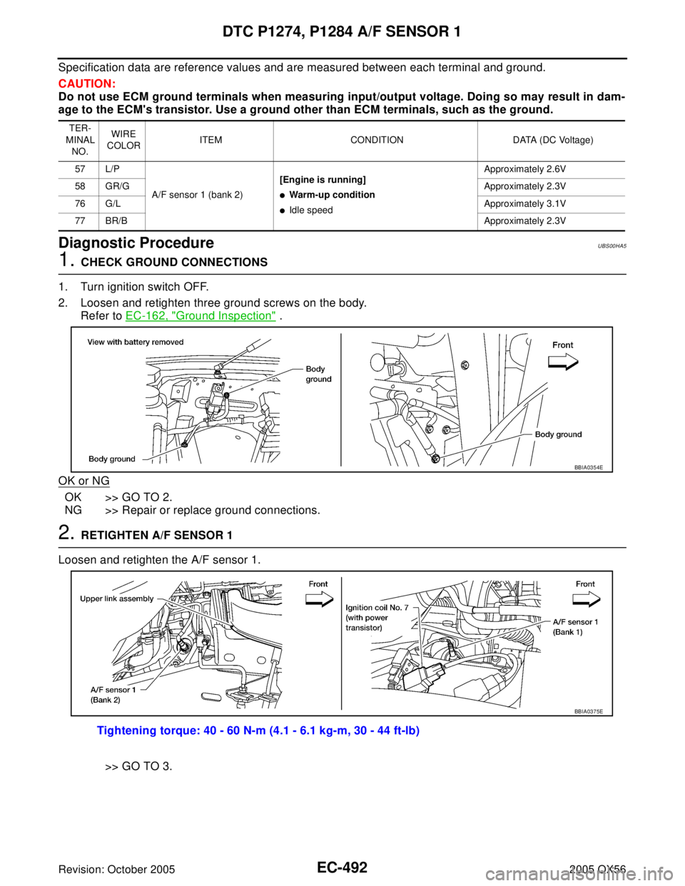 INFINITI QX4 2005 Factory Service Manual EC-492Revision: October 2005
DTC P1274, P1284 A/F SENSOR 1
2005 QX56
Specification data are reference values and are measured between each terminal and ground.
CAUTION:
Do not use ECM ground terminals INFINITI QX4 2005 Factory Service Manual EC-492Revision: October 2005
DTC P1274, P1284 A/F SENSOR 1
2005 QX56
Specification data are reference values and are measured between each terminal and ground.
CAUTION:
Do not use ECM ground terminals