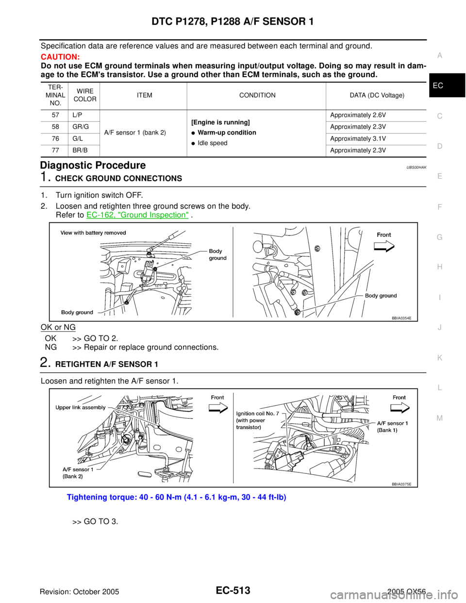 INFINITI QX4 2005  Factory Service Manual DTC P1278, P1288 A/F SENSOR 1
EC-513
C
D
E
F
G
H
I
J
K
L
MA
EC
Revision: October 20052005 QX56
Specification data are reference values and are measured between each terminal and ground.
CAUTION:
Do no