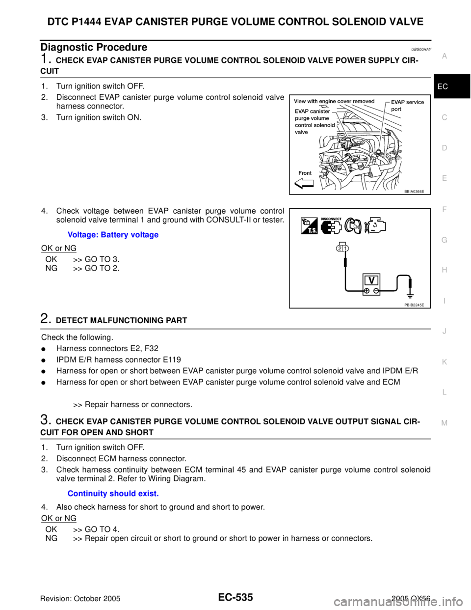 INFINITI QX4 2005 Factory Service Manual DTC P1444 EVAP CANISTER PURGE VOLUME CONTROL SOLENOID VALVE
EC-535
C
D
E
F
G
H
I
J
K
L
MA
EC
Revision: October 20052005 QX56
Diagnostic ProcedureUBS00HAY
1. CHECK EVAP CANISTER PURGE VOLUME CONTROL SO INFINITI QX4 2005 Factory Service Manual DTC P1444 EVAP CANISTER PURGE VOLUME CONTROL SOLENOID VALVE
EC-535
C
D
E
F
G
H
I
J
K
L
MA
EC
Revision: October 20052005 QX56
Diagnostic ProcedureUBS00HAY
1. CHECK EVAP CANISTER PURGE VOLUME CONTROL SO