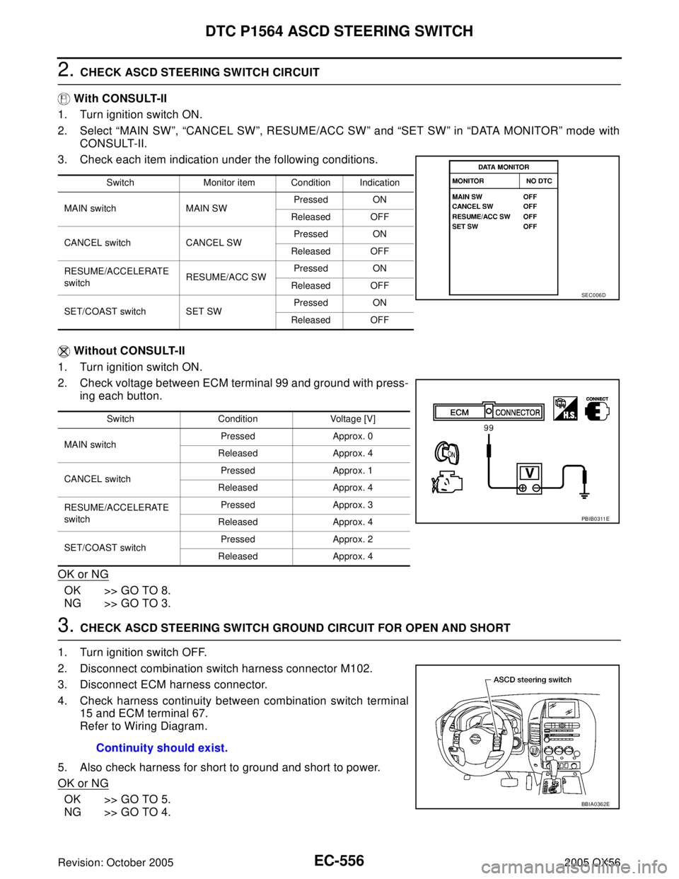 INFINITI QX4 2005 Factory Service Manual EC-556Revision: October 2005
DTC P1564 ASCD STEERING SWITCH
2005 QX56
2. CHECK ASCD STEERING SWITCH CIRCUIT
With CONSULT-II
1. Turn ignition switch ON.
2. Select “MAIN SW”, “CANCEL SW”, RESUM INFINITI QX4 2005 Factory Service Manual EC-556Revision: October 2005
DTC P1564 ASCD STEERING SWITCH
2005 QX56
2. CHECK ASCD STEERING SWITCH CIRCUIT
With CONSULT-II
1. Turn ignition switch ON.
2. Select “MAIN SW”, “CANCEL SW”, RESUM