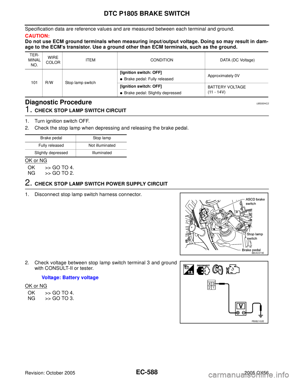 INFINITI QX4 2005 Factory Service Manual EC-588Revision: October 2005
DTC P1805 BRAKE SWITCH
2005 QX56
Specification data are reference values and are measured between each terminal and ground.
CAUTION:
Do not use ECM ground terminals when m INFINITI QX4 2005 Factory Service Manual EC-588Revision: October 2005
DTC P1805 BRAKE SWITCH
2005 QX56
Specification data are reference values and are measured between each terminal and ground.
CAUTION:
Do not use ECM ground terminals when m