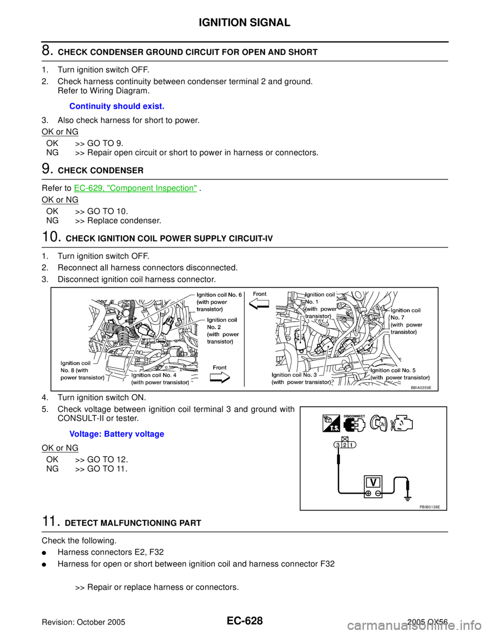 INFINITI QX4 2005 Factory Service Manual EC-628Revision: October 2005
IGNITION SIGNAL
2005 QX56
8. CHECK CONDENSER GROUND CIRCUIT FOR OPEN AND SHORT
1. Turn ignition switch OFF.
2. Check harness continuity between condenser terminal 2 and gr INFINITI QX4 2005 Factory Service Manual EC-628Revision: October 2005
IGNITION SIGNAL
2005 QX56
8. CHECK CONDENSER GROUND CIRCUIT FOR OPEN AND SHORT
1. Turn ignition switch OFF.
2. Check harness continuity between condenser terminal 2 and gr