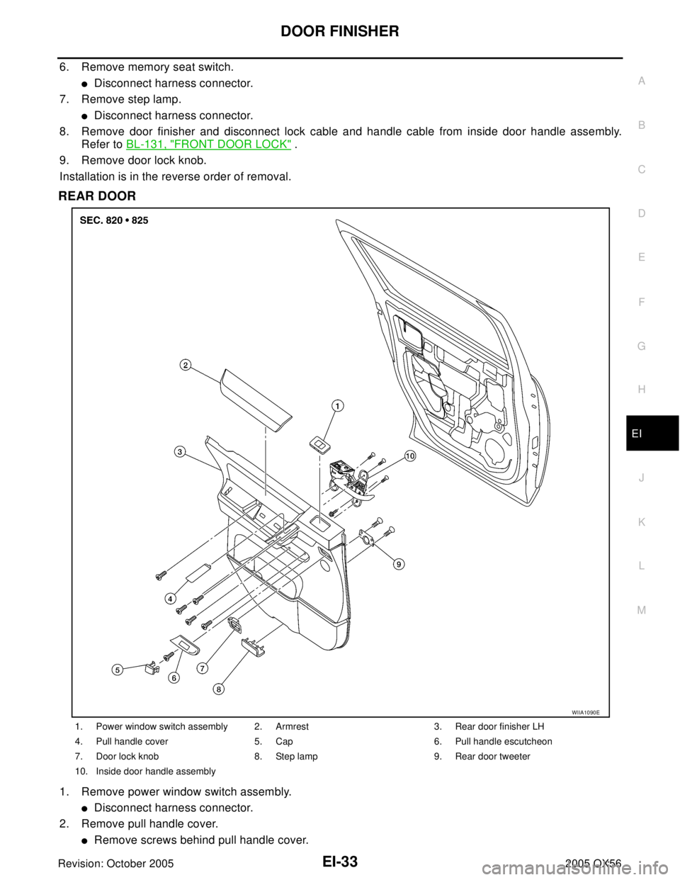 INFINITI QX4 2005  Factory Service Manual DOOR FINISHER
EI-33
C
D
E
F
G
H
J
K
L
MA
B
EI
Revision: October 20052005 QX56
6. Remove memory seat switch.
Disconnect harness connector.
7. Remove step lamp.
Disconnect harness connector.
8. Remove