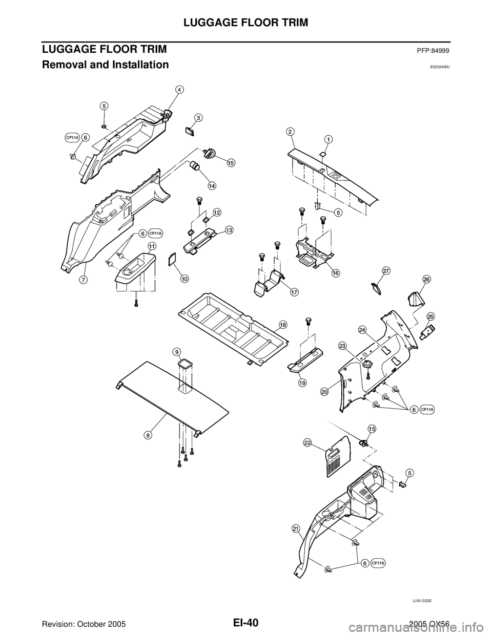 INFINITI QX4 2005  Factory Service Manual EI-40
LUGGAGE FLOOR TRIM
Revision: October 20052005 QX56
LUGGAGE FLOOR TRIMPFP:84999
Removal and InstallationEIS0 04 WU
LIIA1333E 