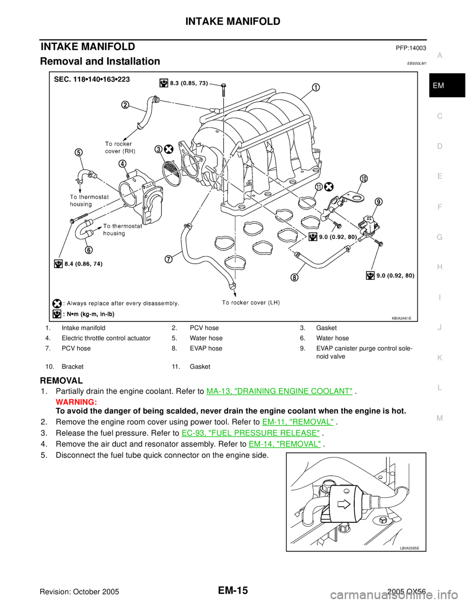 INFINITI QX4 2005  Factory Service Manual INTAKE MANIFOLD
EM-15
C
D
E
F
G
H
I
J
K
L
MA
EM
Revision: October 20052005 QX56
INTAKE MANIFOLDPFP:14003
Removal and InstallationEBS00LM1
REMOVAL
1. Partially drain the engine coolant. Refer to MA-13,