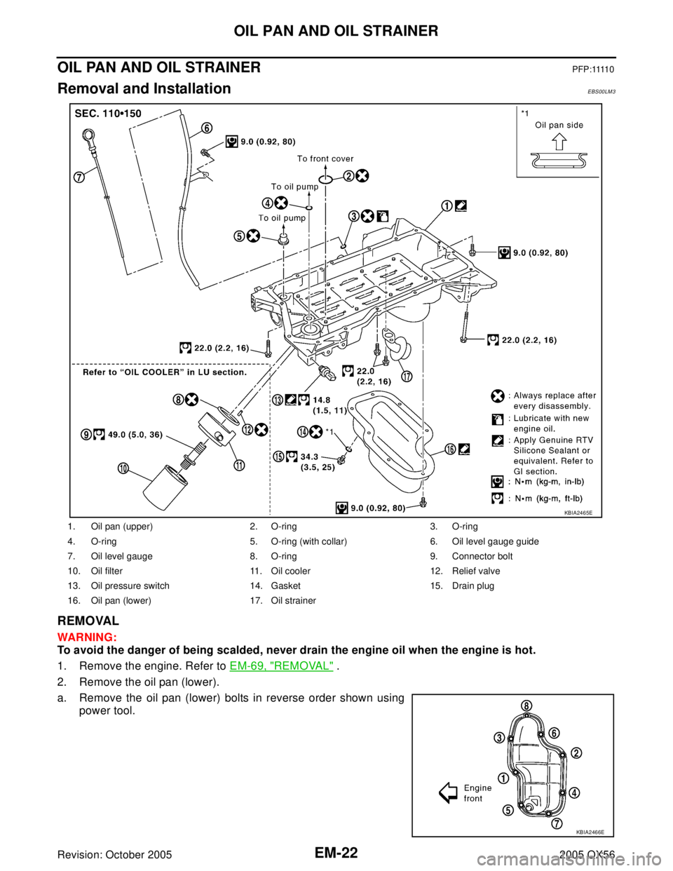 INFINITI QX4 2005  Factory Service Manual EM-22Revision: October 2005
OIL PAN AND OIL STRAINER
2005 QX56
OIL PAN AND OIL STRAINERP F P : 1111 0
Removal and InstallationEBS00LM3
REMOVAL
WAR NIN G:
To avoid the danger of being scalded, never dr
