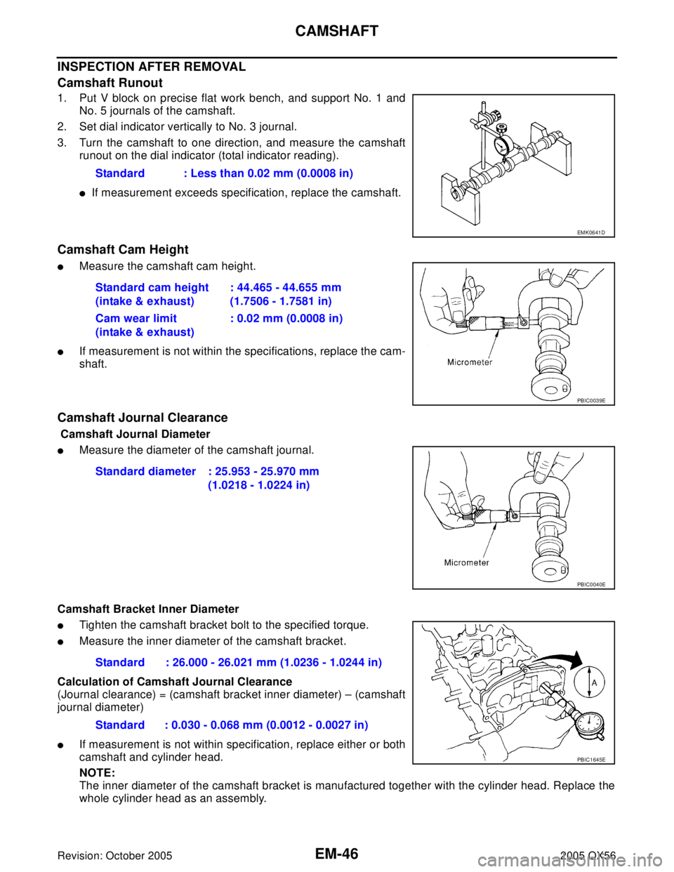 INFINITI QX4 2005  Factory Service Manual EM-46Revision: October 2005
CAMSHAFT
2005 QX56
INSPECTION AFTER REMOVAL
Camshaft Runout
1. Put V block on precise flat work bench, and support No. 1 and
No. 5 journals of the camshaft.
2. Set dial ind