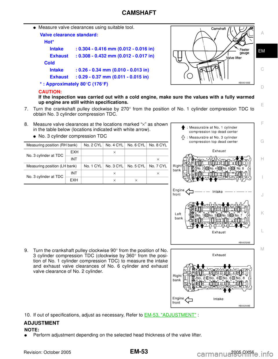 INFINITI QX4 2005 Factory Service Manual CAMSHAFT
EM-53
C
D
E
F
G
H
I
J
K
L
MA
EM
Revision: October 20052005 QX56
Measure valve clearances using suitable tool.
CAUTION:
If the inspection was carried out with a cold engine, make sure the val INFINITI QX4 2005 Factory Service Manual CAMSHAFT
EM-53
C
D
E
F
G
H
I
J
K
L
MA
EM
Revision: October 20052005 QX56
Measure valve clearances using suitable tool.
CAUTION:
If the inspection was carried out with a cold engine, make sure the val