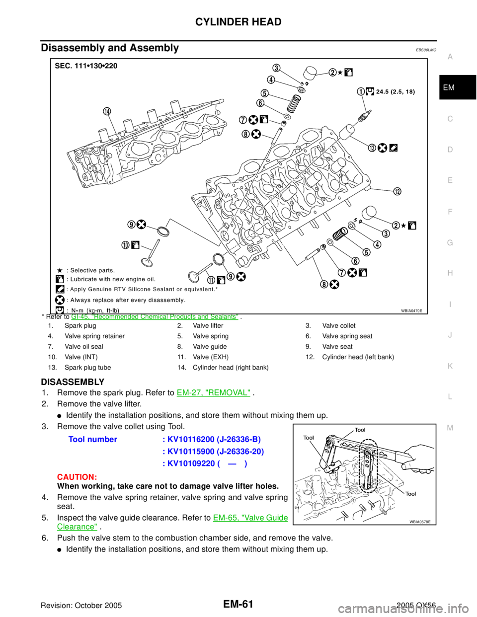 INFINITI QX4 2005 Factory Service Manual CYLINDER HEAD
EM-61
C
D
E
F
G
H
I
J
K
L
MA
EM
Revision: October 20052005 QX56
Disassembly and AssemblyEBS00LMG
* Refer to GI-45, "Recommended Chemical Products and Sealants" .
DISASSEMBLY
1. Remove th INFINITI QX4 2005 Factory Service Manual CYLINDER HEAD
EM-61
C
D
E
F
G
H
I
J
K
L
MA
EM
Revision: October 20052005 QX56
Disassembly and AssemblyEBS00LMG
* Refer to GI-45, "Recommended Chemical Products and Sealants" .
DISASSEMBLY
1. Remove th
