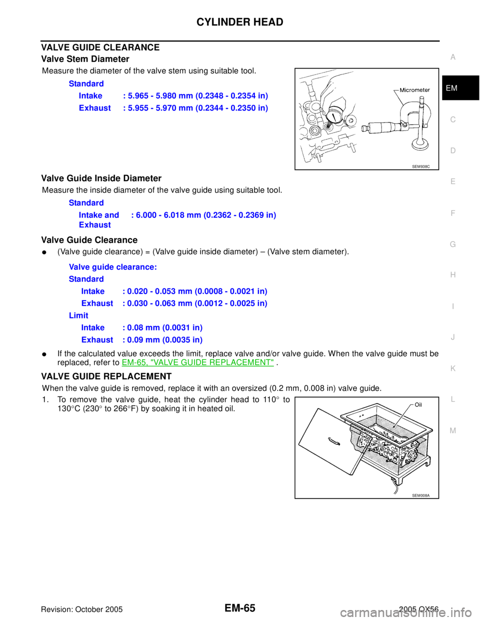 INFINITI QX4 2005 Factory Service Manual CYLINDER HEAD
EM-65
C
D
E
F
G
H
I
J
K
L
MA
EM
Revision: October 20052005 QX56
VALVE GUIDE CLEARANCE
Valve Stem Diameter
Measure the diameter of the valve stem using suitable tool.
Valve Guide Inside D INFINITI QX4 2005 Factory Service Manual CYLINDER HEAD
EM-65
C
D
E
F
G
H
I
J
K
L
MA
EM
Revision: October 20052005 QX56
VALVE GUIDE CLEARANCE
Valve Stem Diameter
Measure the diameter of the valve stem using suitable tool.
Valve Guide Inside D