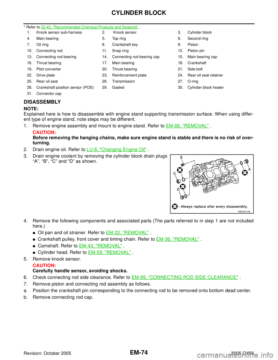 INFINITI QX4 2005  Factory Service Manual EM-74Revision: October 2005
CYLINDER BLOCK
2005 QX56
* Refer to GI-45, "Recommended Chemical Products and Sealants" .
DISASSEMBLY
NOTE:
Explained here is how to disassemble with engine stand supportin