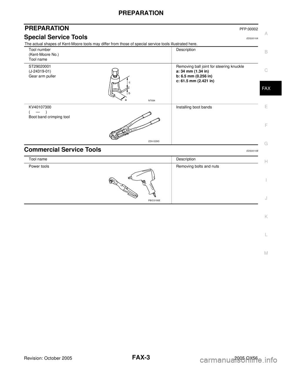 INFINITI QX4 2005  Factory Service Manual PREPARATION
FAX-3
C
E
F
G
H
I
J
K
L
MA
B
FA X
Revision: October 20052005 QX56
PREPARATIONPFP:00002
Special Service ToolsEDS001XA
The actual shapes of Kent-Moore tools may differ from those of special 