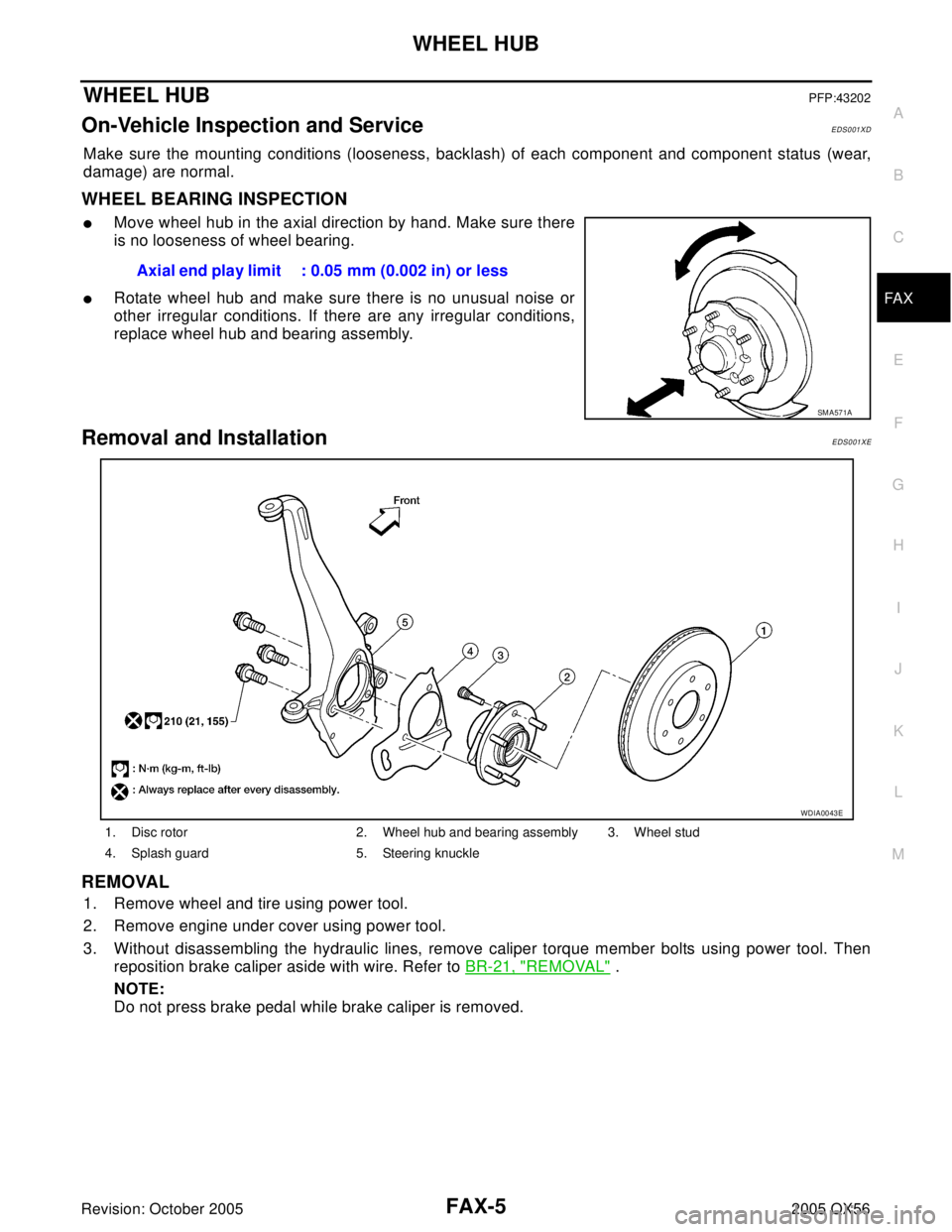 INFINITI QX4 2005 Factory Service Manual WHEEL HUB
FAX-5
C
E
F
G
H
I
J
K
L
MA
B
FA X
Revision: October 20052005 QX56
WHEEL HUBPFP:43202
On-Vehicle Inspection and ServiceEDS001XD
Make sure the mounting conditions (looseness, backlash) of each INFINITI QX4 2005 Factory Service Manual WHEEL HUB
FAX-5
C
E
F
G
H
I
J
K
L
MA
B
FA X
Revision: October 20052005 QX56
WHEEL HUBPFP:43202
On-Vehicle Inspection and ServiceEDS001XD
Make sure the mounting conditions (looseness, backlash) of each