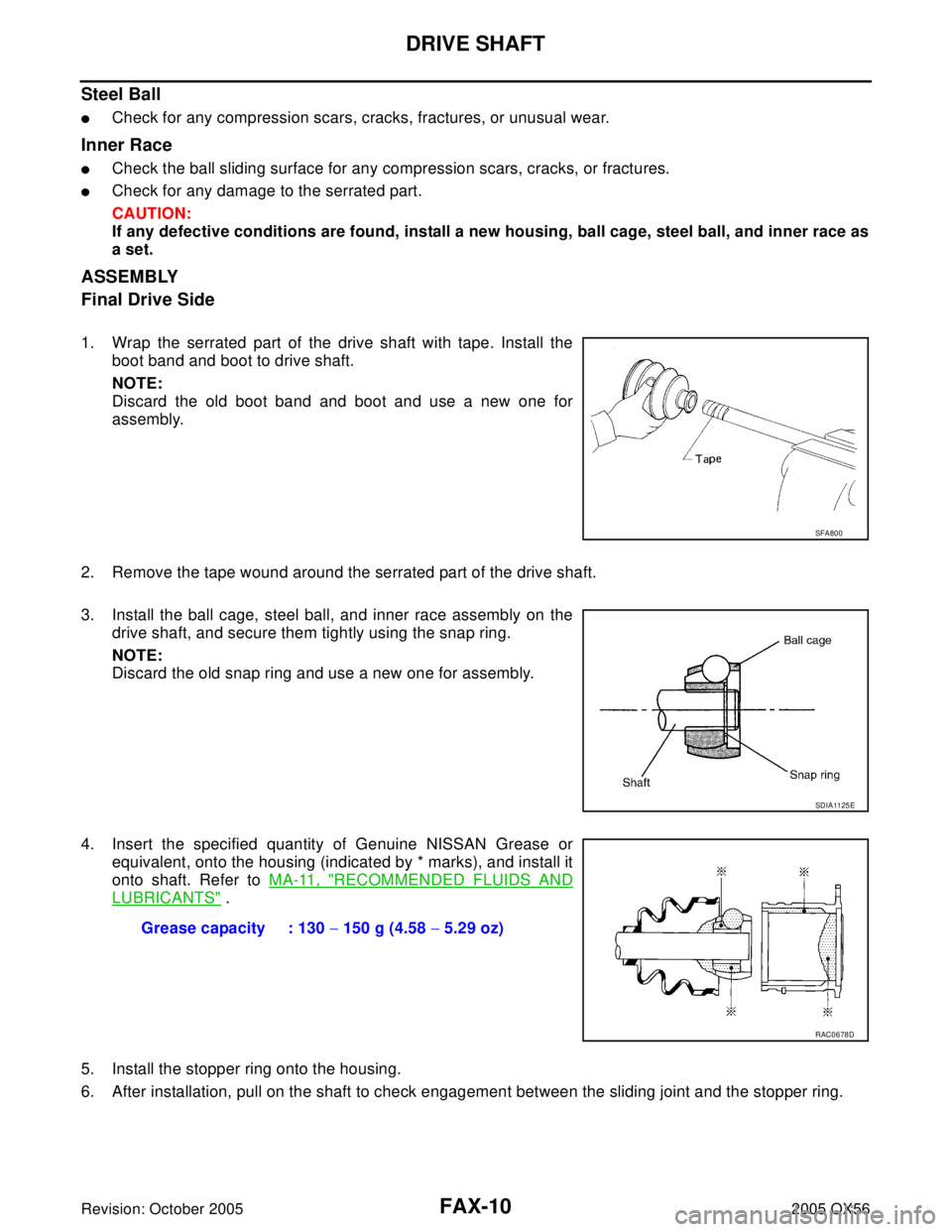 INFINITI QX4 2005  Factory Service Manual FAX-10
DRIVE SHAFT
Revision: October 20052005 QX56
Steel Ball
Check for any compression scars, cracks, fractures, or unusual wear.
Inner Race
Check the ball sliding surface for any compression scars