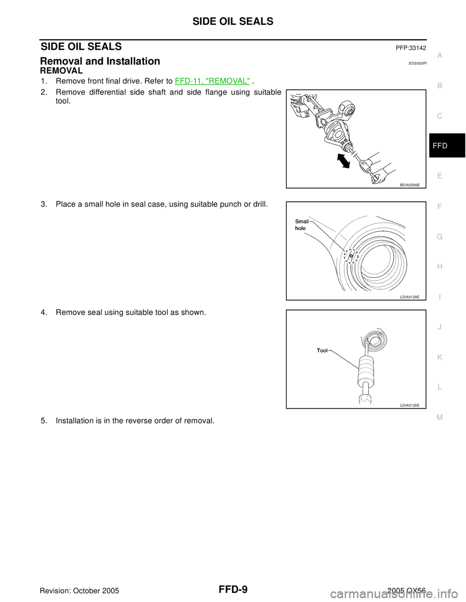 INFINITI QX4 2005  Factory Service Manual SIDE OIL SEALS
FFD-9
C
E
F
G
H
I
J
K
L
MA
B
FFD
Revision: October 20052005 QX56
SIDE OIL SEALSPFP:33142
Removal and InstallationEDS003PI
REMOVAL
1. Remove front final drive. Refer to FFD-11, "REMOVAL"