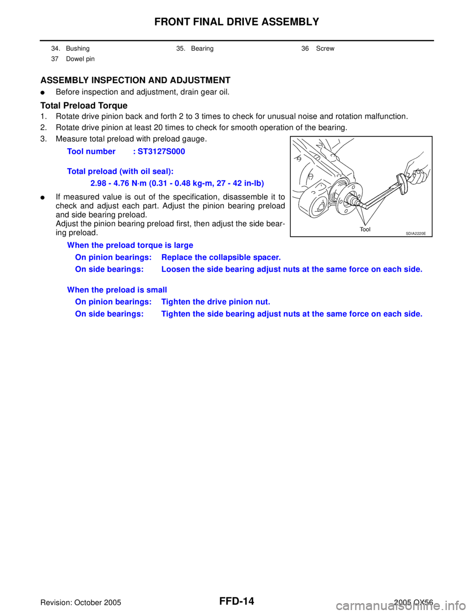 INFINITI QX4 2005 Factory Service Manual FFD-14
FRONT FINAL DRIVE ASSEMBLY
Revision: October 20052005 QX56
ASSEMBLY INSPECTION AND ADJUSTMENT
Before inspection and adjustment, drain gear oil.
Total Preload Torque
1. Rotate drive pinion back INFINITI QX4 2005 Factory Service Manual FFD-14
FRONT FINAL DRIVE ASSEMBLY
Revision: October 20052005 QX56
ASSEMBLY INSPECTION AND ADJUSTMENT
Before inspection and adjustment, drain gear oil.
Total Preload Torque
1. Rotate drive pinion back