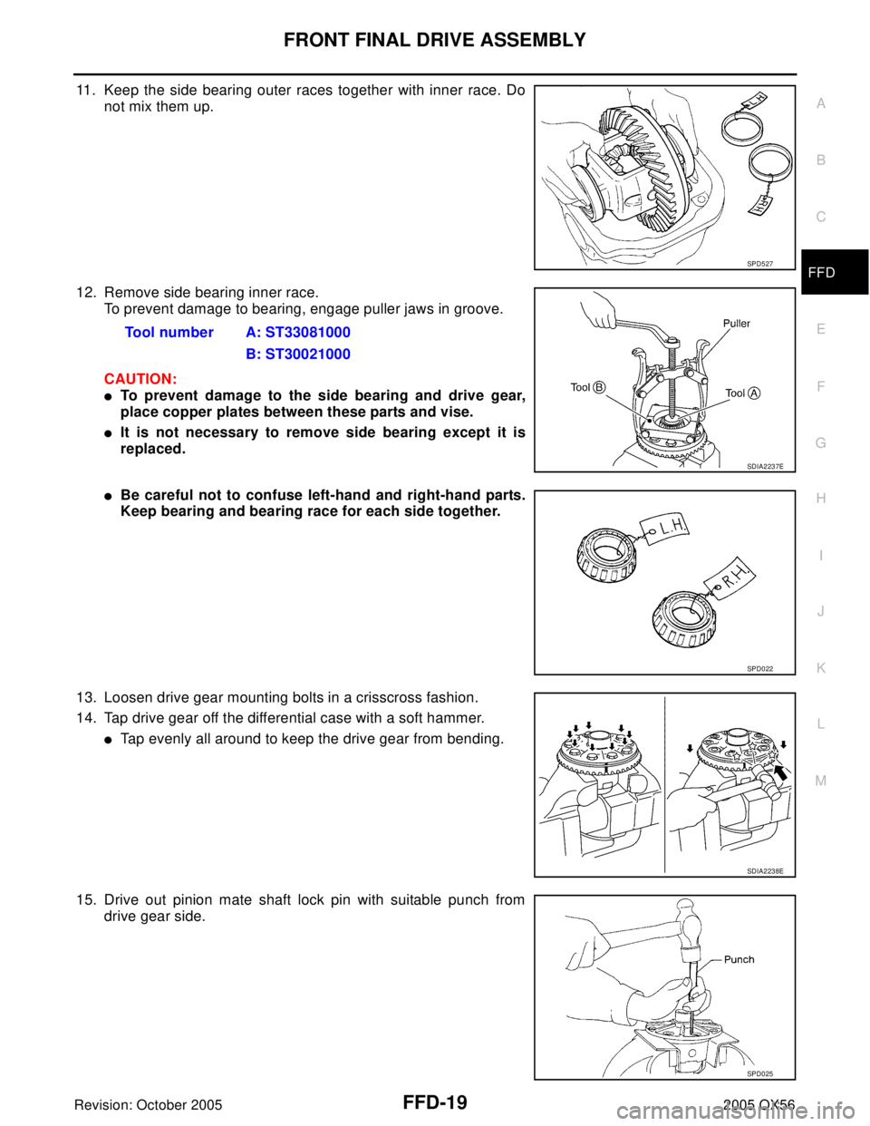 INFINITI QX4 2005  Factory Service Manual FRONT FINAL DRIVE ASSEMBLY
FFD-19
C
E
F
G
H
I
J
K
L
MA
B
FFD
Revision: October 20052005 QX56
11. Keep the side bearing outer races together with inner race. Do
not mix them up. 
12. Remove side bearin