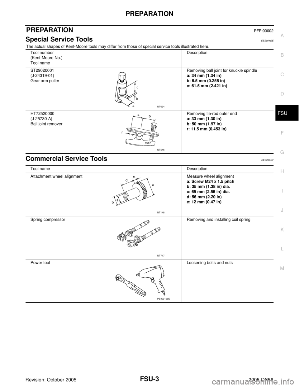 INFINITI QX4 2005  Factory Service Manual PREPARATION
FSU-3
C
D
F
G
H
I
J
K
L
MA
B
FSU
Revision: October 20052005 QX56
PREPARATIONPFP:00002
Special Service ToolsEES001GE
The actual shapes of Kent-Moore tools may differ from those of special s