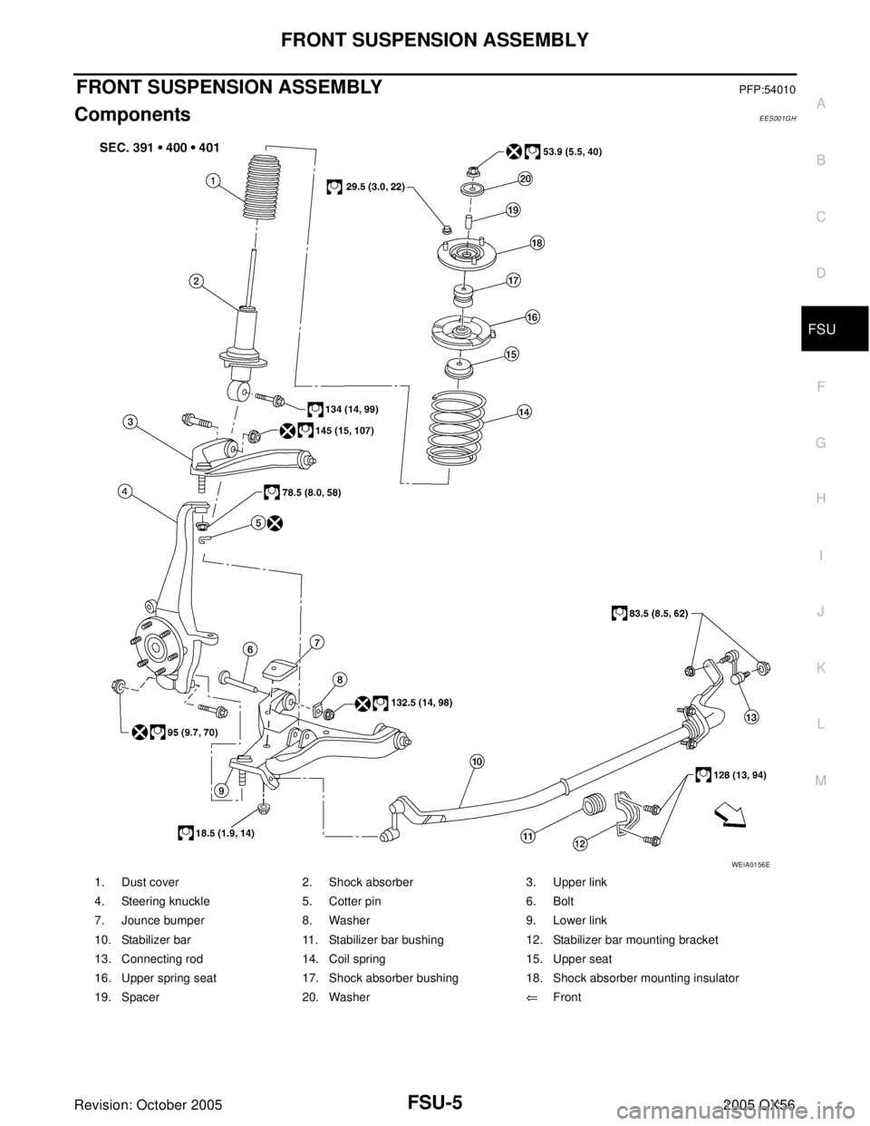 INFINITI QX4 2005  Factory Service Manual FRONT SUSPENSION ASSEMBLY
FSU-5
C
D
F
G
H
I
J
K
L
MA
B
FSU
Revision: October 20052005 QX56
FRONT SUSPENSION ASSEMBLYPFP:54010
ComponentsEES001GH
1. Dust cover 2. Shock absorber 3. Upper link
4. Steeri