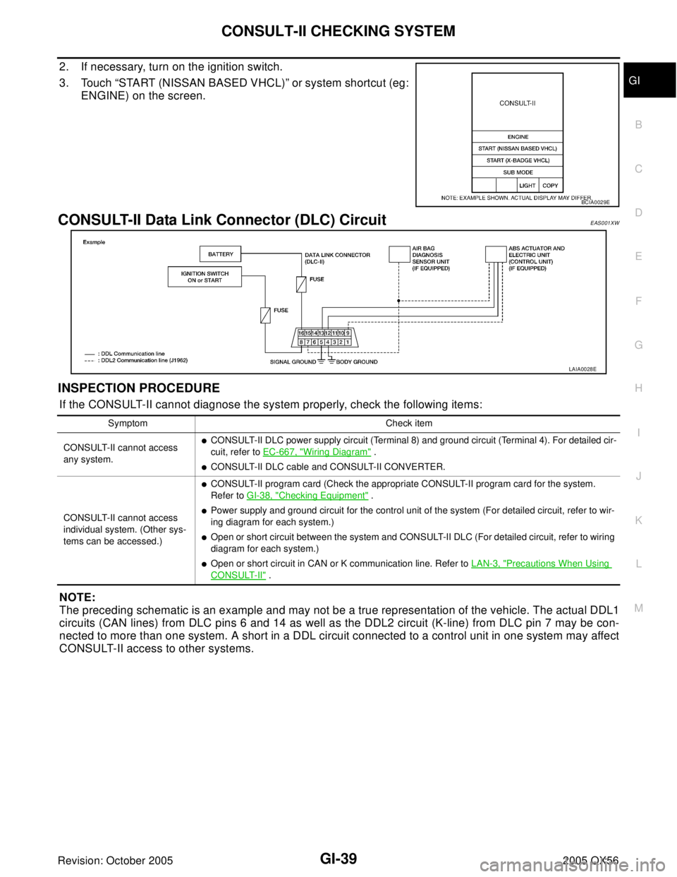 INFINITI QX4 2005 Factory Service Manual CONSULT-II CHECKING SYSTEM
GI-39
C
D
E
F
G
H
I
J
K
L
MB
GI
Revision: October 20052005 QX56
2. If necessary, turn on the ignition switch.
3. Touch “START (NISSAN BASED VHCL)” or system shortcut (eg INFINITI QX4 2005 Factory Service Manual CONSULT-II CHECKING SYSTEM
GI-39
C
D
E
F
G
H
I
J
K
L
MB
GI
Revision: October 20052005 QX56
2. If necessary, turn on the ignition switch.
3. Touch “START (NISSAN BASED VHCL)” or system shortcut (eg