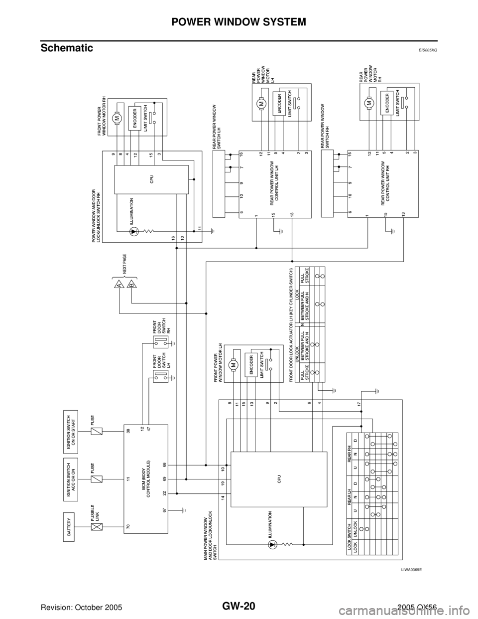INFINITI QX4 2005  Factory Service Manual GW-20
POWER WINDOW SYSTEM
Revision: October 20052005 QX56
SchematicEIS005XQ
LIWA0369E 